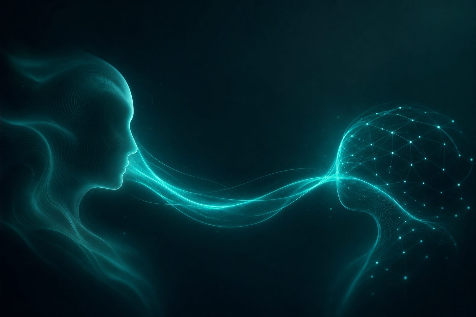 Abstract visual of a human profile connected to an AI network by flowing light